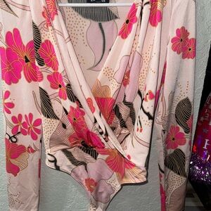 Express Vibrant Pink and Black Floral Bodysuit